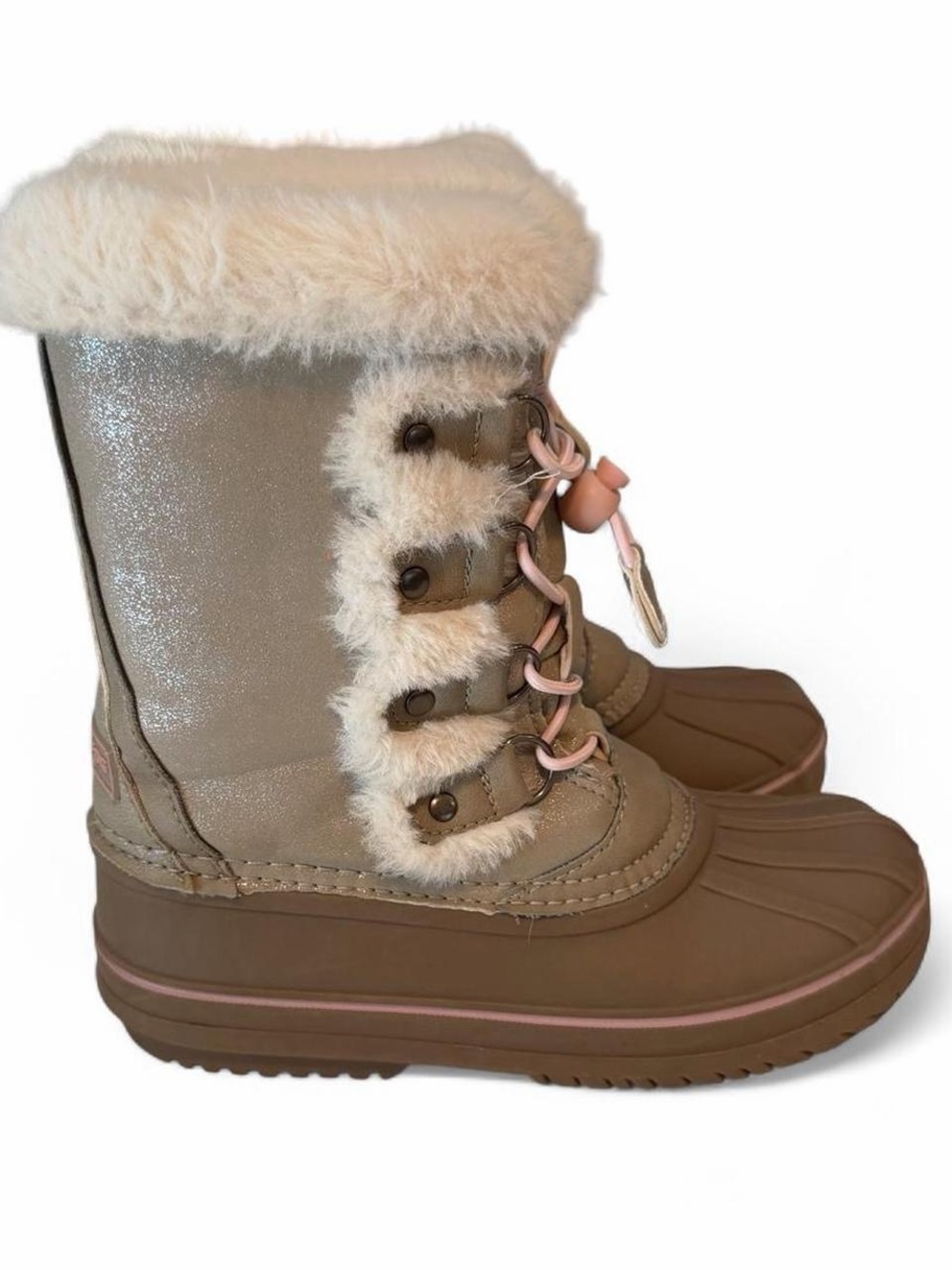 London fog Kids Faux Fur Lined Snow Boots - Taupe with Pink Accents